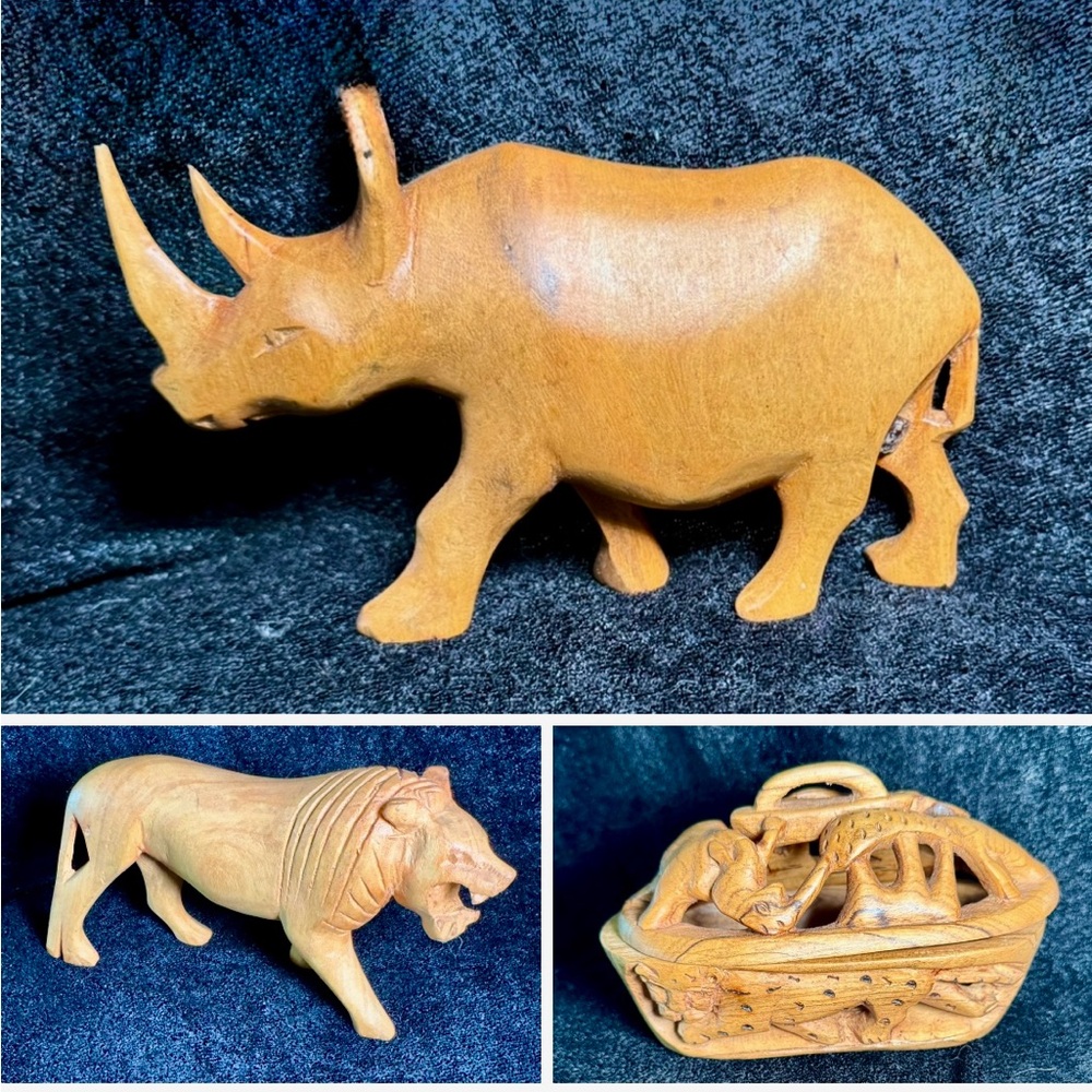 3 Pc African Animals Vintage Wood Hand Carved Animal Basket Bowl/Lid+Rhino& Lion